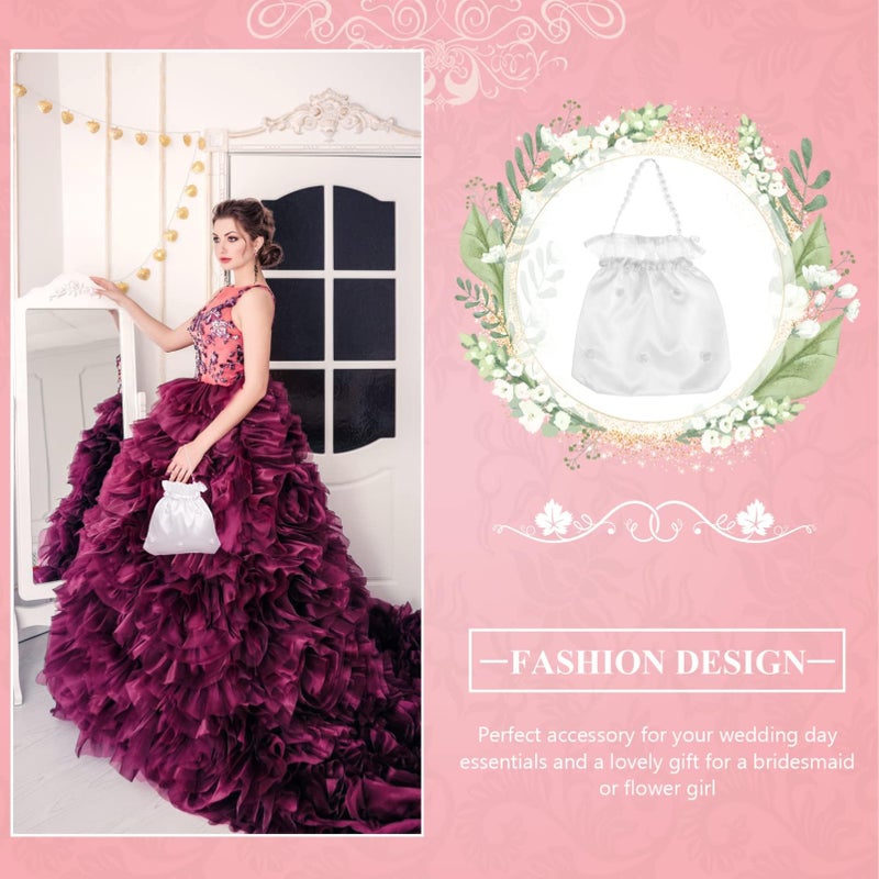 LUOEM Satin Bridal Wedding Money Bag White Bridal Bridesmaid Satin Flower Decorated Bag Handbag with Pearl for Dance Purse Wedding Favor - Image 4